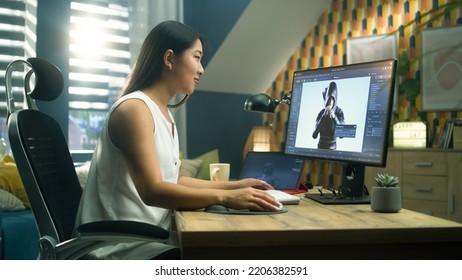 Asian woman creating 3D model of video game character in professional program using computer and digital tablet while working at home office - Powered by Shutterstock - Get 15% off with code: PIKWIZARD15