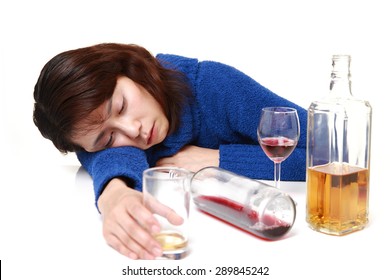 Asian Woman In Depression Is Drinking Alcohol