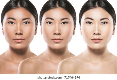 Asian Woman With Difference In Skin Brightness. Concept Of Facial Whitening Or Sun Protection. 