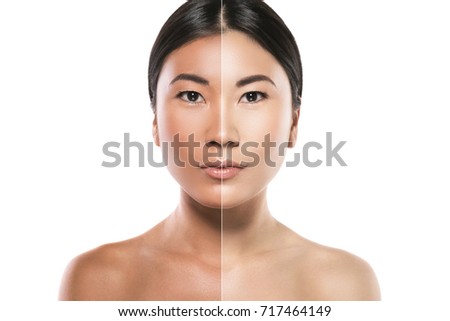 Asian woman with difference in skin brightness. Concept of facial whitening or sun protection. 