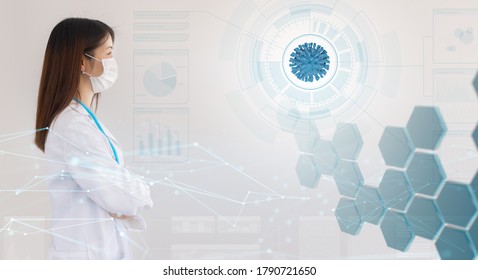 asian woman doctor looking at a coronavirus hologram in an abstract scientific background, concept of coronavirus vaccine research and medical care technology