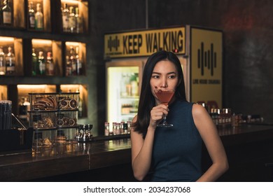 Asian Woman Drinking Cocktail Bar Night Stock Photo 2034237068 ...