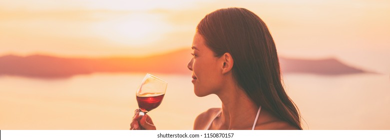 Asian Woman Drinking Red Wine Glass Watching Sunset On Travel Europe Holiday Vacation - Luxury Lifestyle Banner Panorama Landscape.