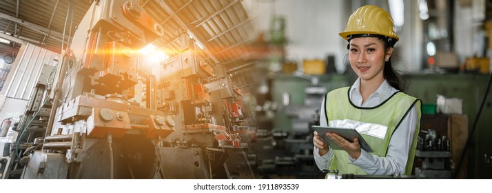 Asian Woman Engineer Industry Heavy Worker Wearing Hardhat And Holding Tablet, Double Exposure At Machine Area In Factory, Factory Industrial Concept.