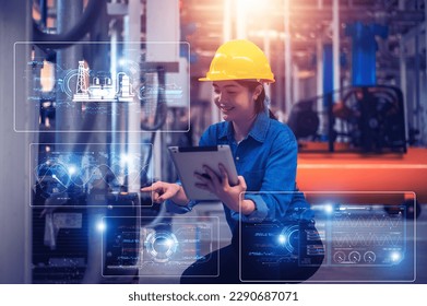 Asian woman are engineer using visual screen control machine in factory using smart technology and software for production process - Powered by Shutterstock