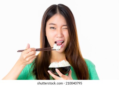 Asian Woman Enjoy Eating Rice Shooting In Studio