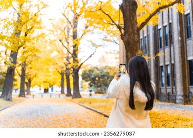 Asian woman enjoy outdoor lifestyle using mobile phone taking picture of beautiful nature of yellow ginkgo tree leaves falling down in autumn at public park in Tokyo city, Japan on holiday vacation.