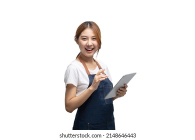 Asian Woman Entrepreneur Or Shop Owner Holding A Tablet Computer With An Excited Face. Isolate On A White Background. Clipping Path In Side.