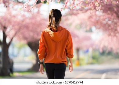 Asian Woman Exercise In The Morning She Is Walking At Sakura Park.