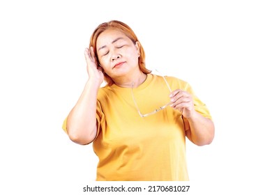 Asian Woman Eye Strain On White Background. Old Women's Healthcare.