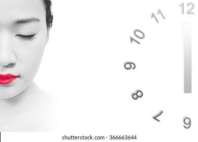 Asian Woman Face & Clock, Isolated On White. Concept = Skin Ageing Changes Over Time