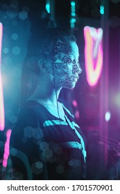 Asian Woman With Face ID Concept In Neon Light