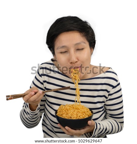Asian woman Feel happy to eat instant noodles isolated on white background.