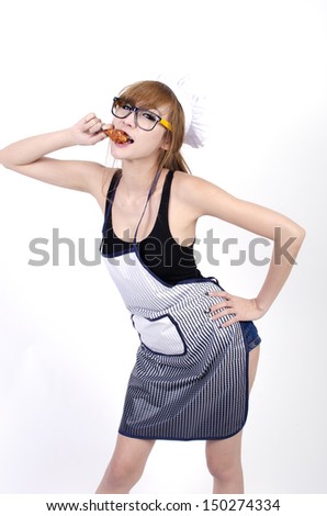Asian woman with fried chicken  over white background