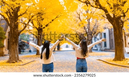 Asian woman friends enjoy outdoor lifestyle walking together in the park in Tokyo city, Japan on holiday vacation. Attractive girl looking beautiful yellow ginkgo tree leaves falling down in autumn.