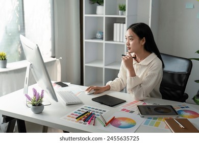 Asian woman graphic designer working in home office. Artist creative designer illustrator graphic skill concept - Powered by Shutterstock