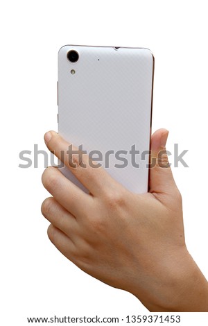 Asian woman hand holding and using smart phone show back side. isolated on white background