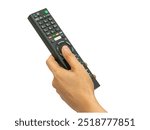 Asian woman hand press TV remote control isolated on white background with clipping path.