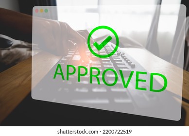 Asian Woman Hand Tapping Enter Button For Approving Requests At Home. Black Old Keyboard And Visualized Transparent Virtual Window Displaying Approval Status. Conceptual Of Business At Home.