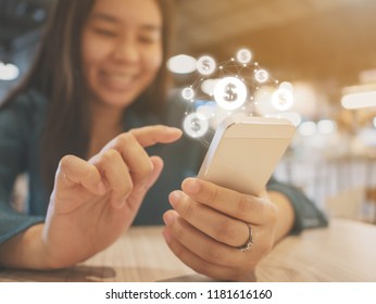 Asian Woman Hand Using Mobile Phone With Online Transaction Application, Concept Financial Technology (fintech)