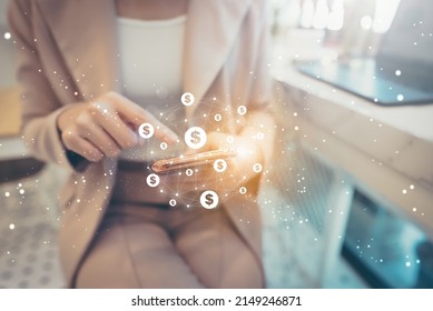 Asian Woman Hand Using Mobile Smart Phone With Online Transaction Application. Concept Of Financial Technology (fintech)