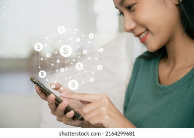 Asian Woman Hand Using Mobile Smart Phone With Online Transaction Application. Concept Of Financial Technology - Fintech