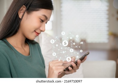 Asian Woman Hand Using Mobile Smart Phone With Online Transaction Application. Concept Of Financial Technology - Fintech