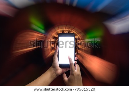 Asian woman Hand's holding blank white screen smartphone with speedo meter in background, speed, fast, quick concept.