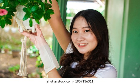 Asian Woman Hanging Plants At Home Make Beautiful Decoration