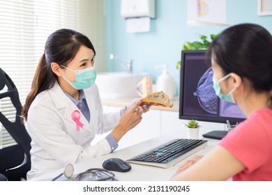 Asian Woman Has Breast Cancer Diagnosis In Hospital - Female Doctor Explaining By Anatomical Model While They Wear Protective Face Mask To Prevent COVID19