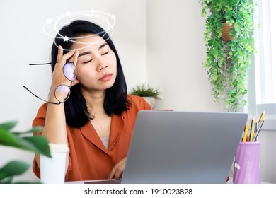 Asian Woman Having Dizzy Tired Her Eyes From Overworked On Computer Laptop Hand Holding Eyeglasses