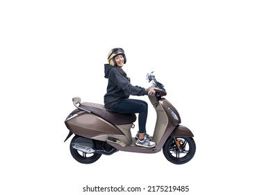 Asian woman with a helmet and jacket sitting on a scooter isolated over white background