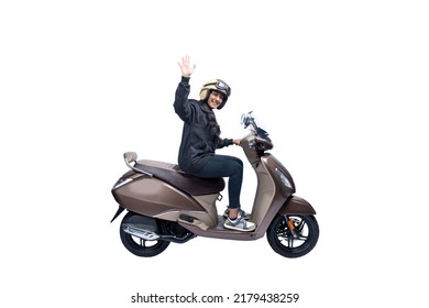 Asian Woman With A Helmet And Jacket Sitting On A Scooter Isolated Over White Background