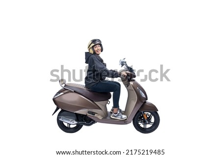 Asian woman with a helmet and jacket sitting on a scooter isolated over white background