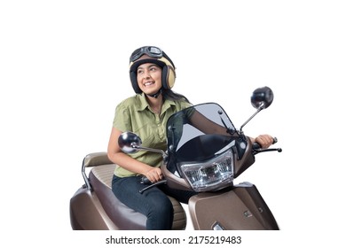 Asian woman with a helmet sitting on a scooter isolated over white background