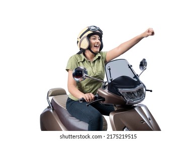 Asian Woman With A Helmet Sitting On A Scooter Isolated Over White Background