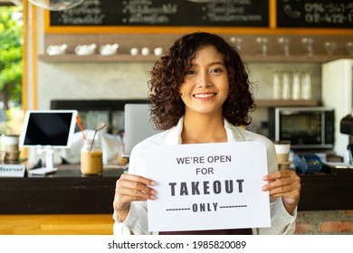 Asian Woman Holding A4 Paper For Announce To Customer Come To Order Food Takeout Only.