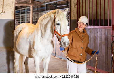 Asian Woman Horse Breeder Leading White Horse Through Horse Barn.