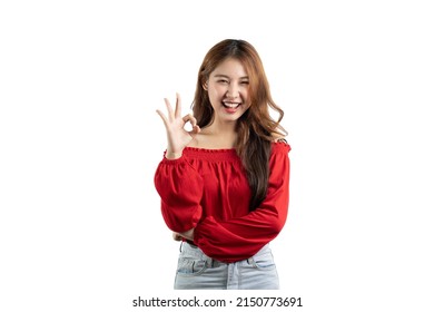 Asian Woman Is Impressed Showing Okay Gesture, Wow Really Not Bad. Isolate On White Background.