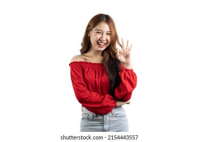 Asian Woman Is Impressed Showing Okay Gesture, Wow Really Not Bad. Isolate On White Background.