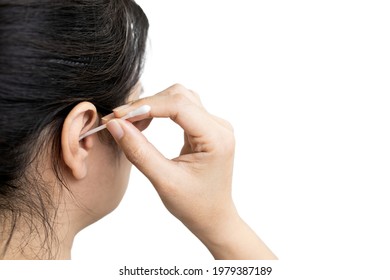 Asian Woman With An Itchy Ears Cleaning,removing The Earwax In Her Auditory Canal,lady Girl Using A Cotton Swab To Clean Her Ear After Taking A Shower,concept Of Perforated Eardrum From Ear Picking