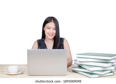 Asian Woman With Laptop On White Background.