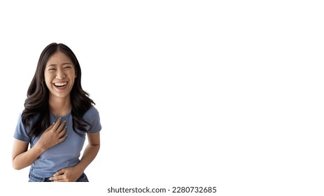 Asian woman laughing happily on white background, Happiness through laughter, Funny, Copy space, Portrait, Advertising text area, Isolated on white background. - Shutterstock ID 2280732685