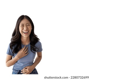 Asian woman laughing happily on white background, Happiness through laughter, Funny, Copy space, Portrait, Advertising text area, Isolated on white background. - Shutterstock ID 2280732699