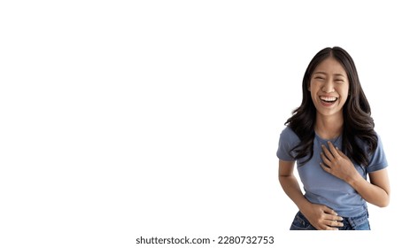 Asian woman laughing happily on white background, Happiness through laughter, Funny, Copy space, Portrait, Advertising text area, Isolated on white background. - Shutterstock ID 2280732753