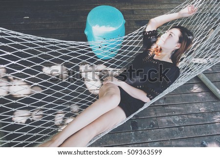 Similar – Image, Stock Photo Young woman in hotel corridor