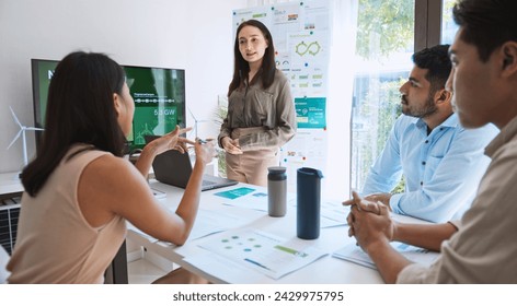Asian woman lead young group of multiethnic businesspeople in team meeting, using laptop computer for ESG topic presentation on monitor. Sustainable business practice, people work at home concept - Powered by Shutterstock