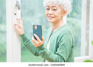 Asian Woman Looking At Her Cell Phone Indoors