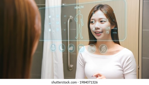 Asian Woman Looking And Touching Smart Mirro Screen  In Bathroom While Waking Up - Futuristic User Interface HUD And Infographic Elements Of Health 