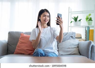 Asian Woman Making A Video Call To Her Friend, Online Communication Concept.